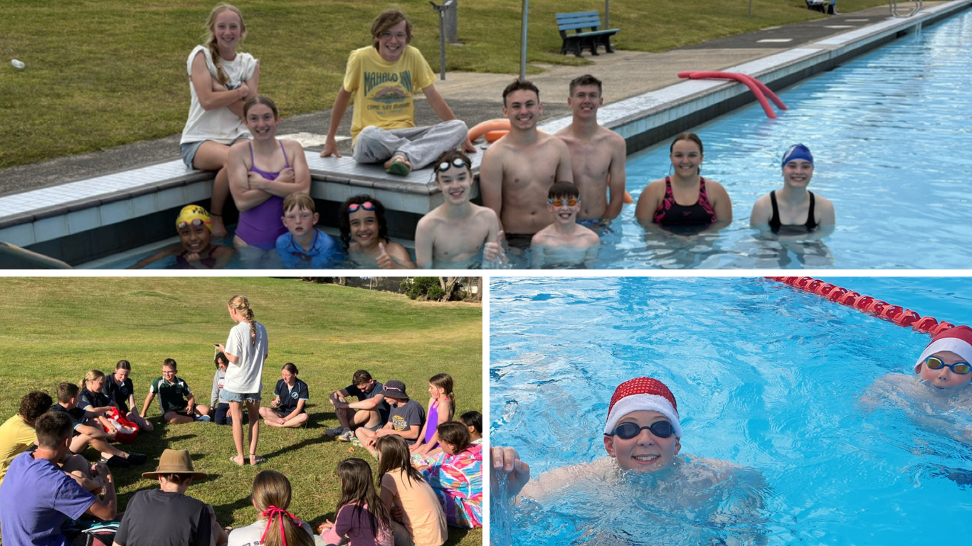 From top clockwise - Club swimmers farewell Emre, Ava, and Kiran; Vossie and Leo in the Christmas Spirit; Gwyneth plays pace the parcel with swimmers