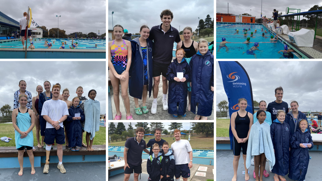 Various photos of Portland Swimming Club Swimmers with Coaches in Warrnambool